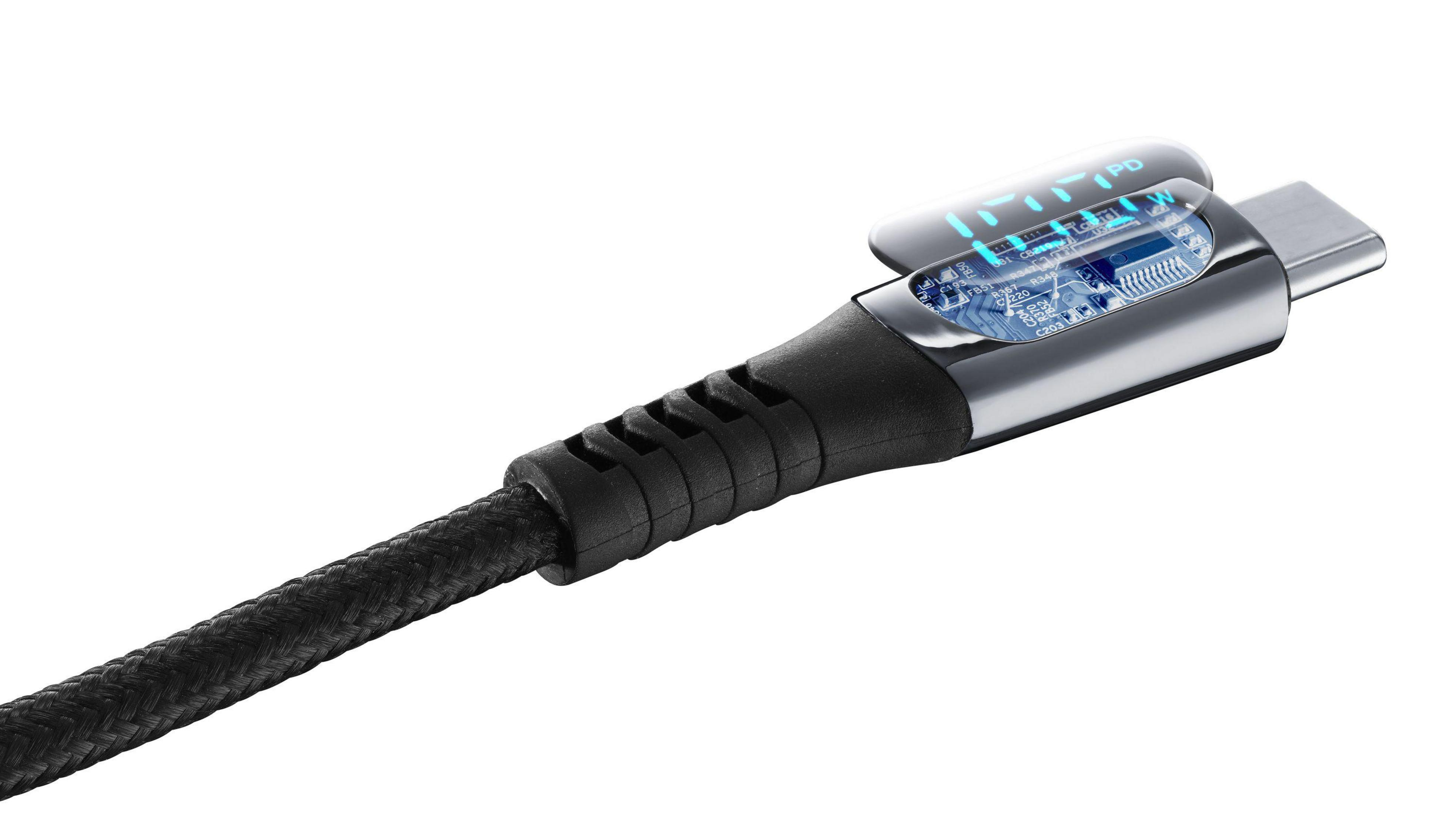 Un cavo USB-C nero e argento. Il cavo ha un design intrecciato e un display sul connettore.