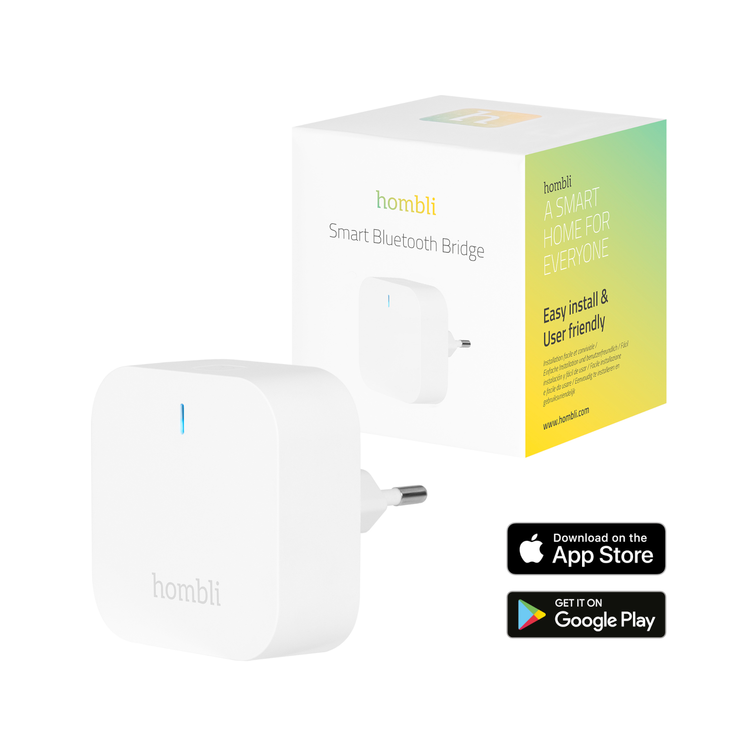 Eine weiße Smart Bluetooth Bridge mit einer Box, App Store und Google Play Logos.