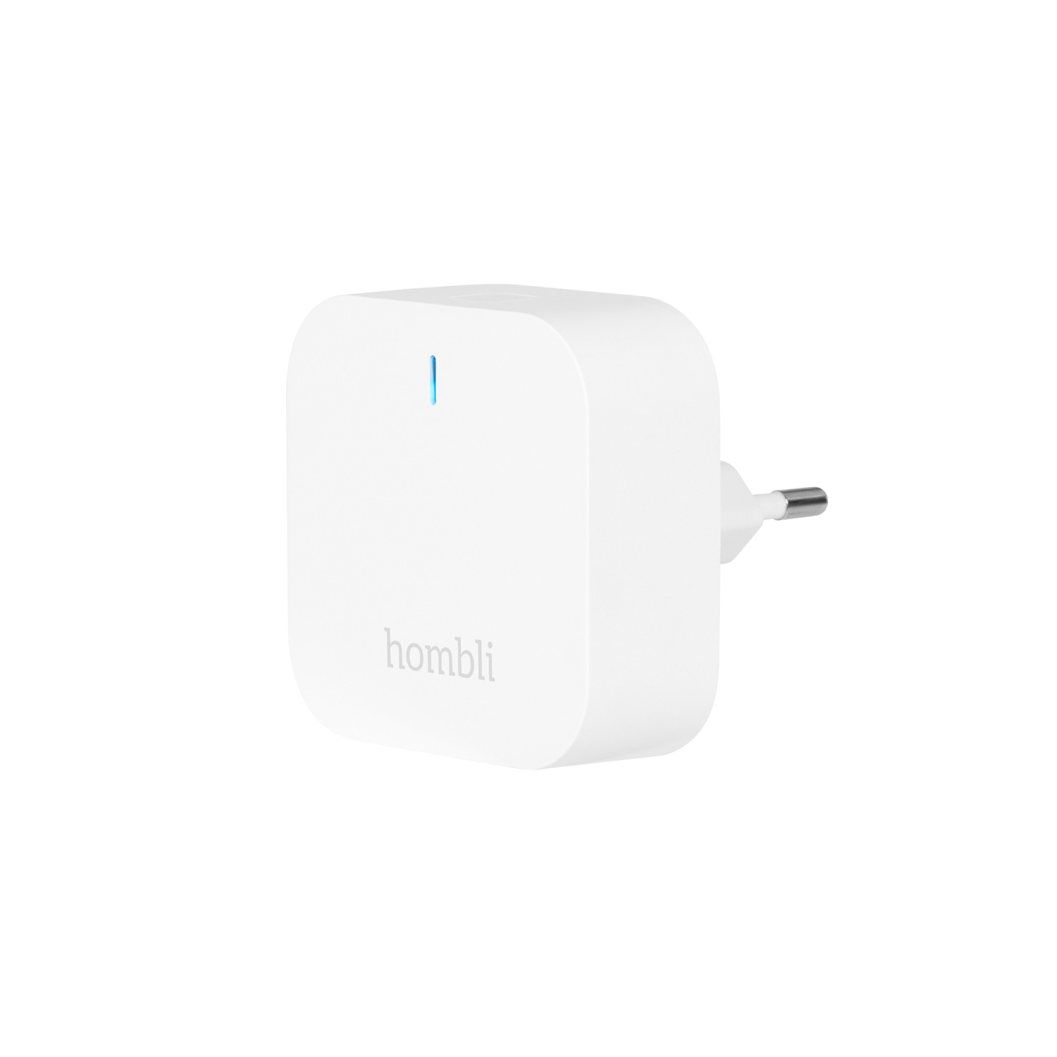Weißer quadratischer Smart-Stecker mit blauem Licht und Stecker.
