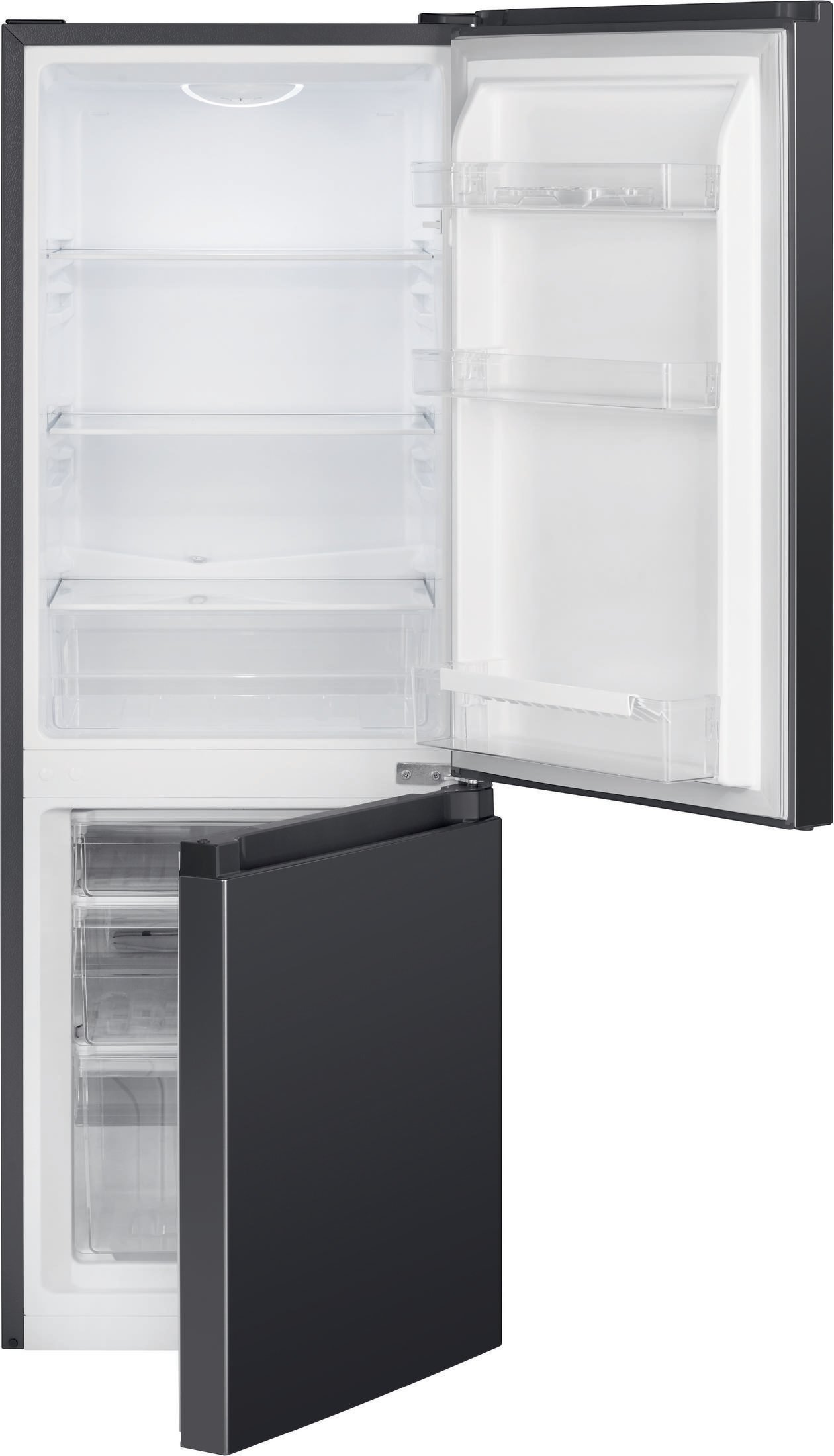 Otwarta lodówka pokazuje półki i szuflady, drzwi uchylone.