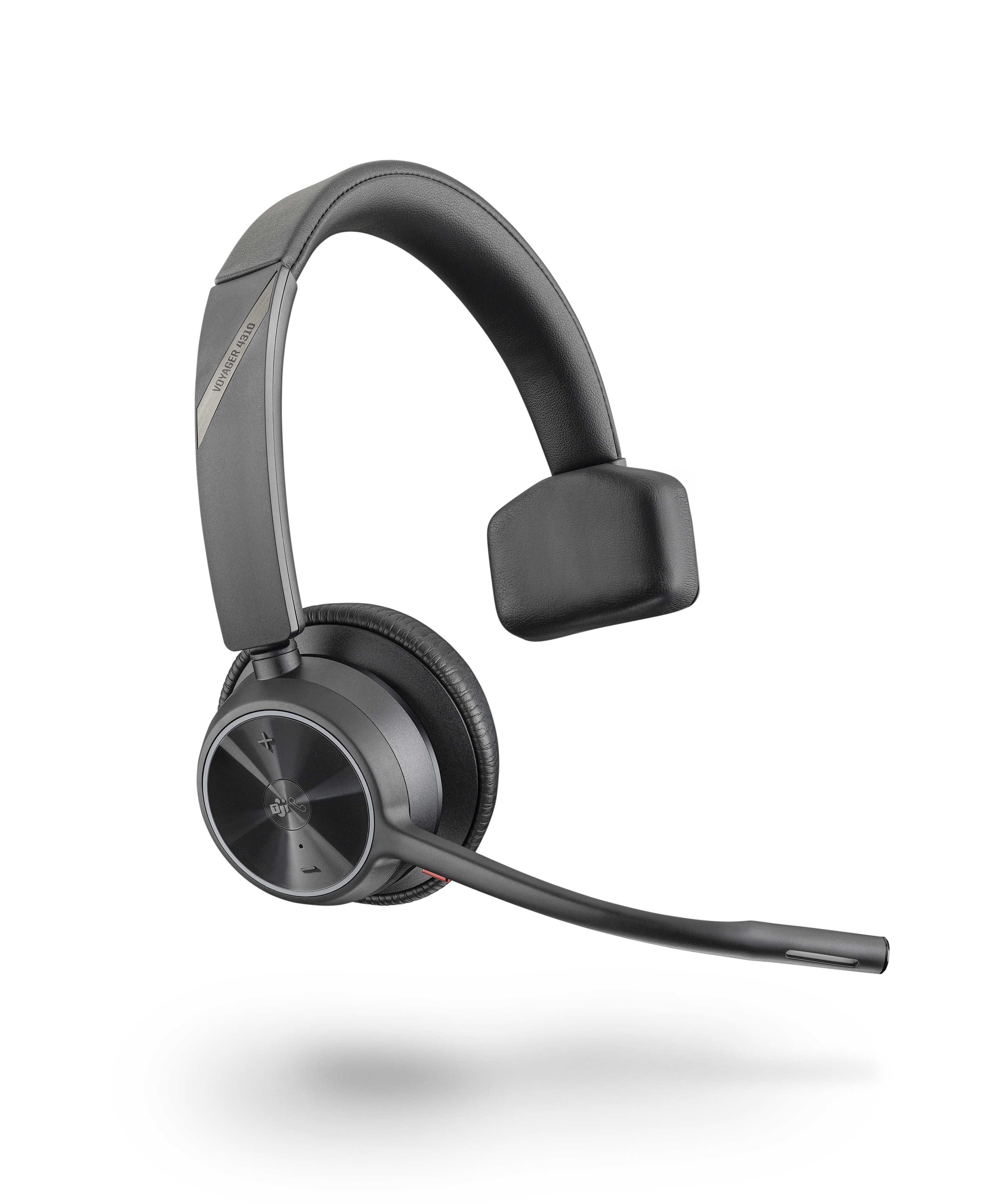 Un casque noir et gris avec un microphone. Le casque est sur fond blanc et incliné vers le haut.
