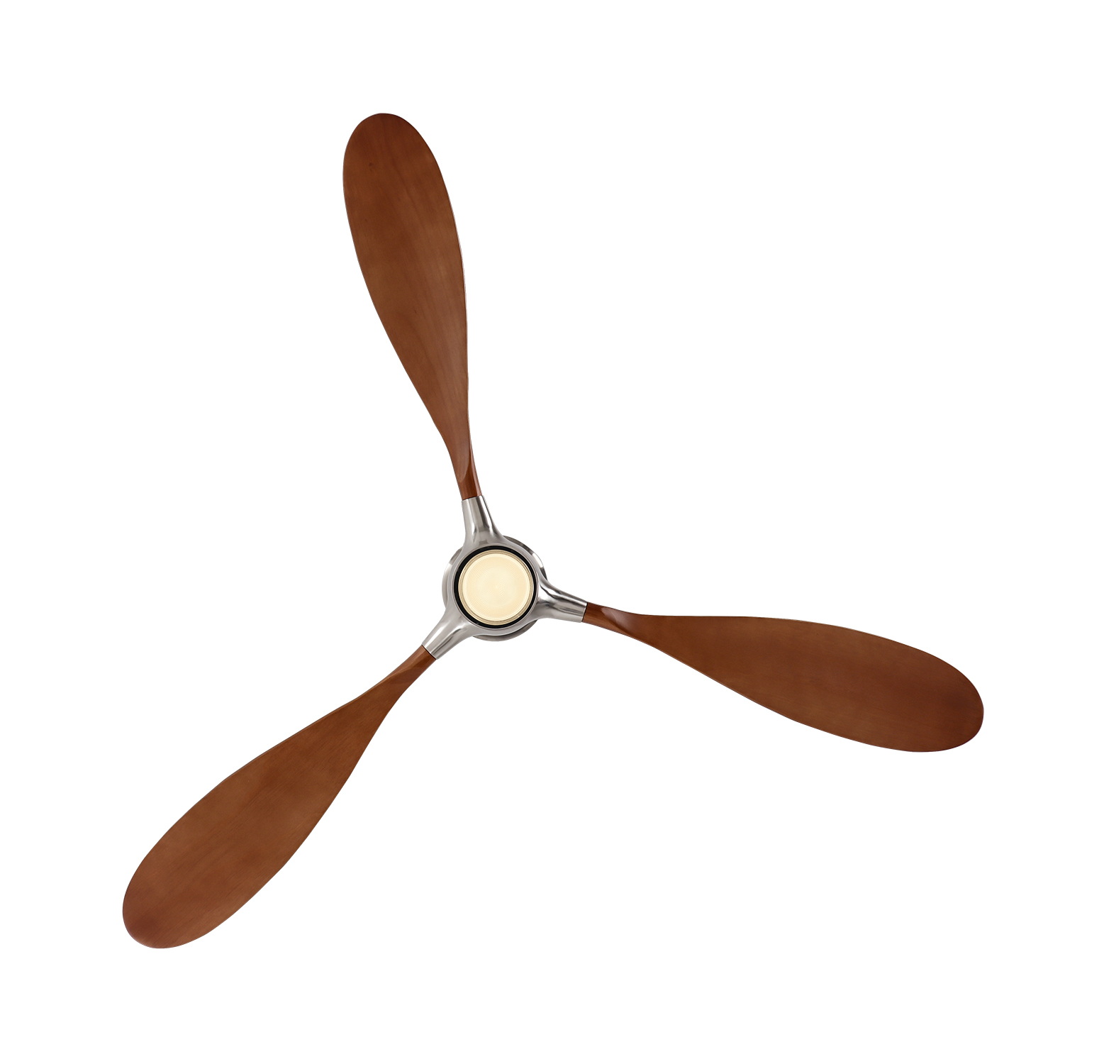 Ventilatore da soffitto con tre pale in legno e centro argento.