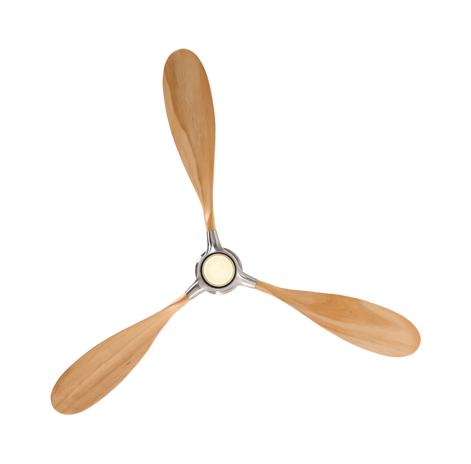 Un ventilatore a soffitto a tre pale con pale in legno su sfondo bianco.