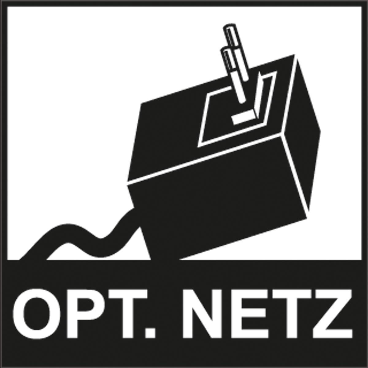 Schwarz-weiße Grafik mit den Worten OPT. NETZ, die einen Stecker und eine Steckdose darstellt.
