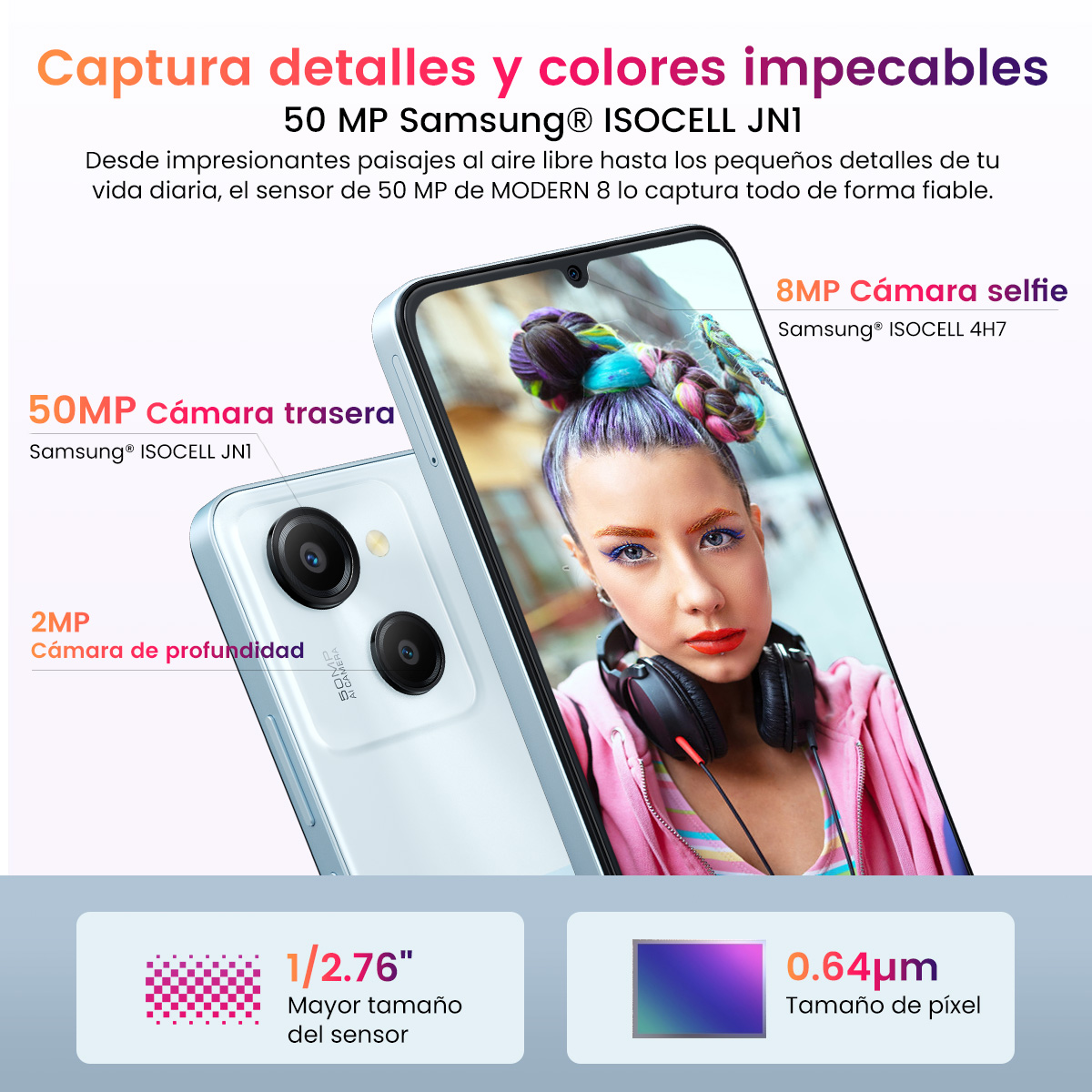 Un smartphone con una mujer en la pantalla. El texto en la pantalla dice '50MP Cámara, 8MP Cámara'.
