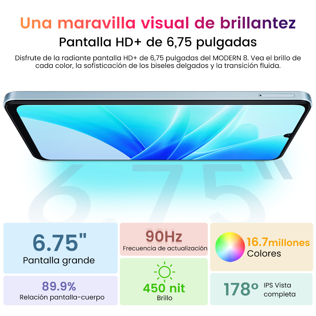 Pantalla de teléfono inteligente con texto. Muestra tamaño, frecuencia de actualización y detalles de color. Fondo blanco.
