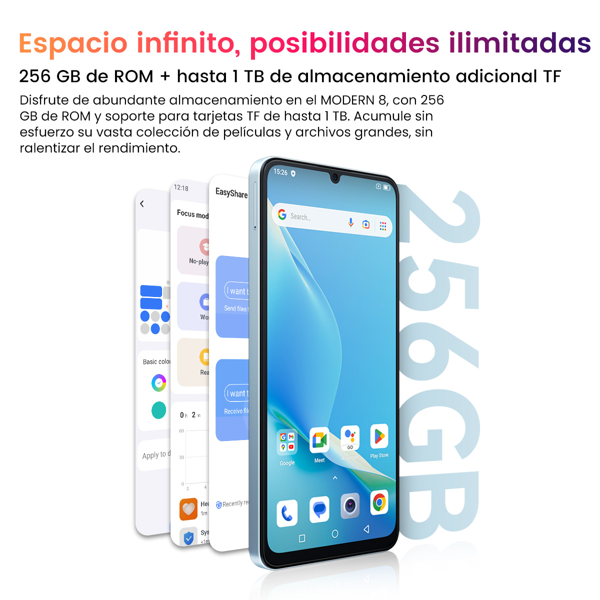 Smartphone con visualización de aplicaciones y texto sobre su capacidad de almacenamiento. Texto en español.
