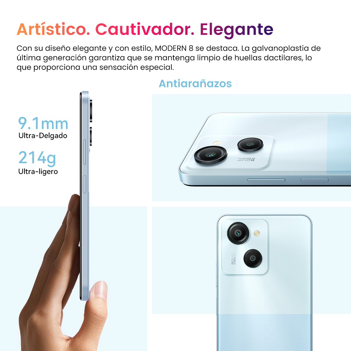 Un teléfono en color azul claro. El teléfono se muestra desde diferentes ángulos, mostrando sus detalles y características.