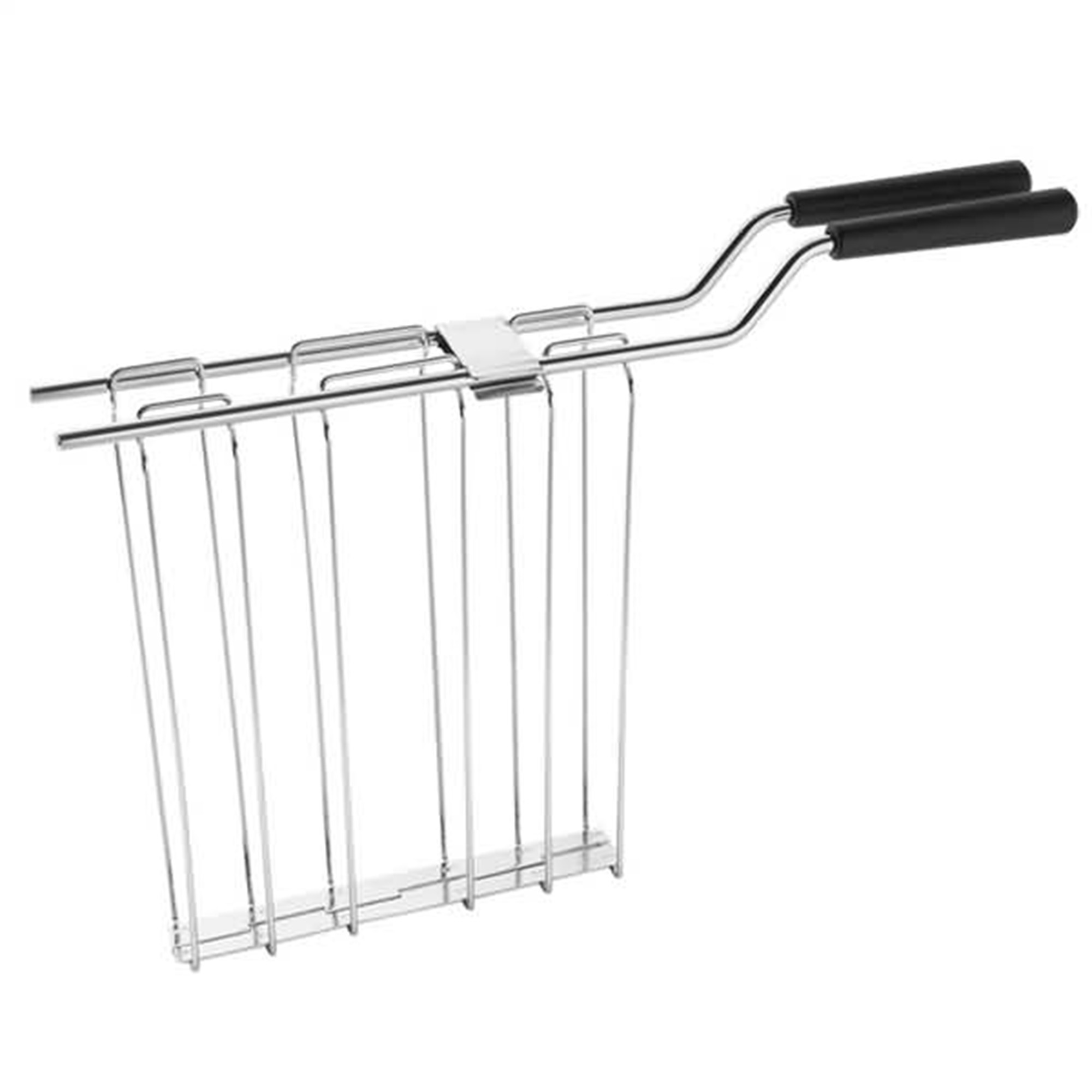 Zilveren broodroosterrek met zwarte handvatten.