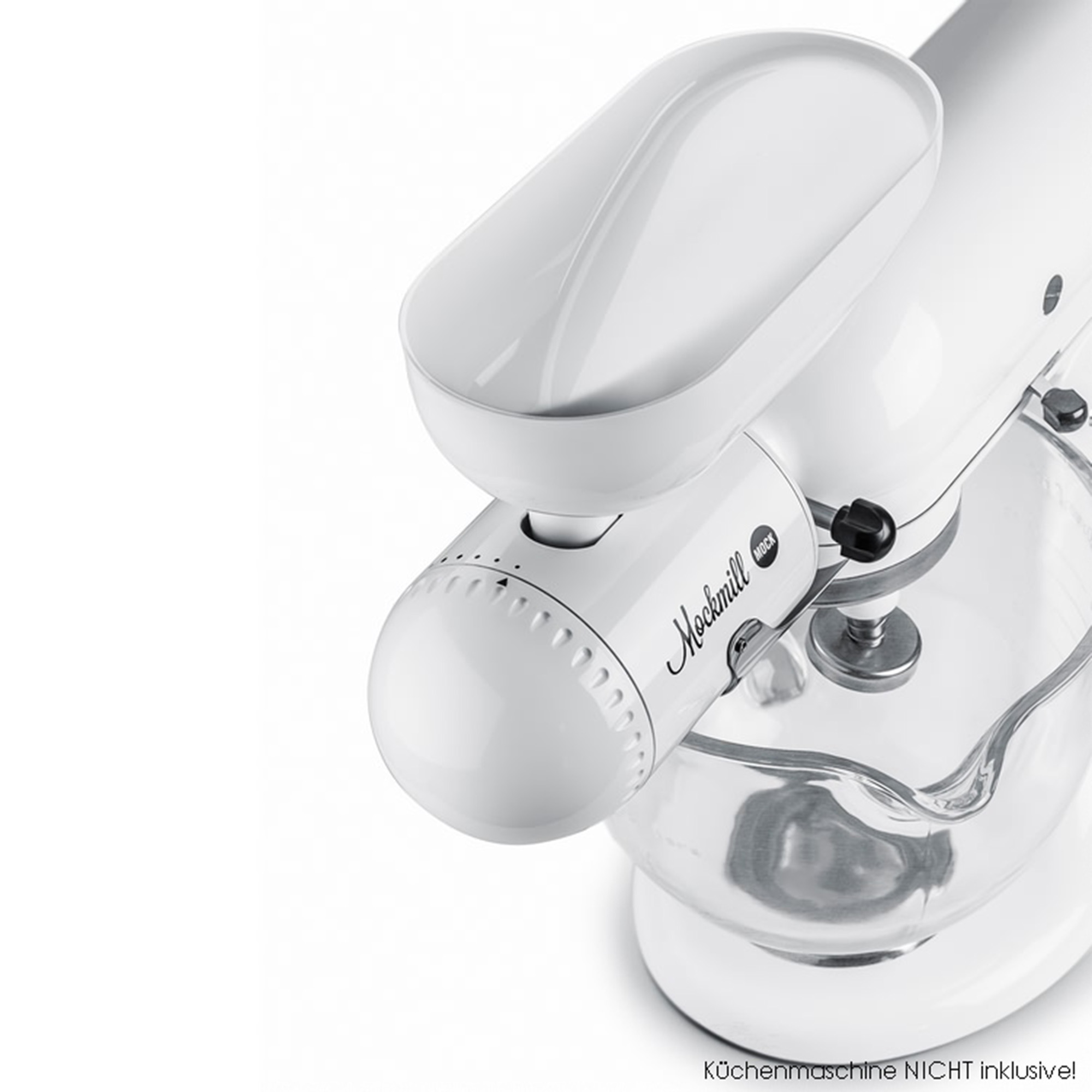 Biały mikser stojący ze szklaną misą. Mikser jest biały z chromowanymi akcentami.