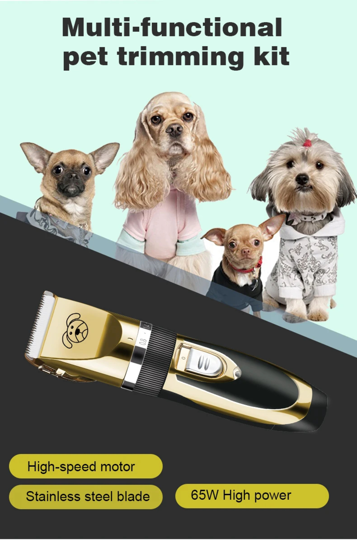 Multifunktionales Haustier-Trimm-Kit mit mehreren Hunden und einem Trimmer.