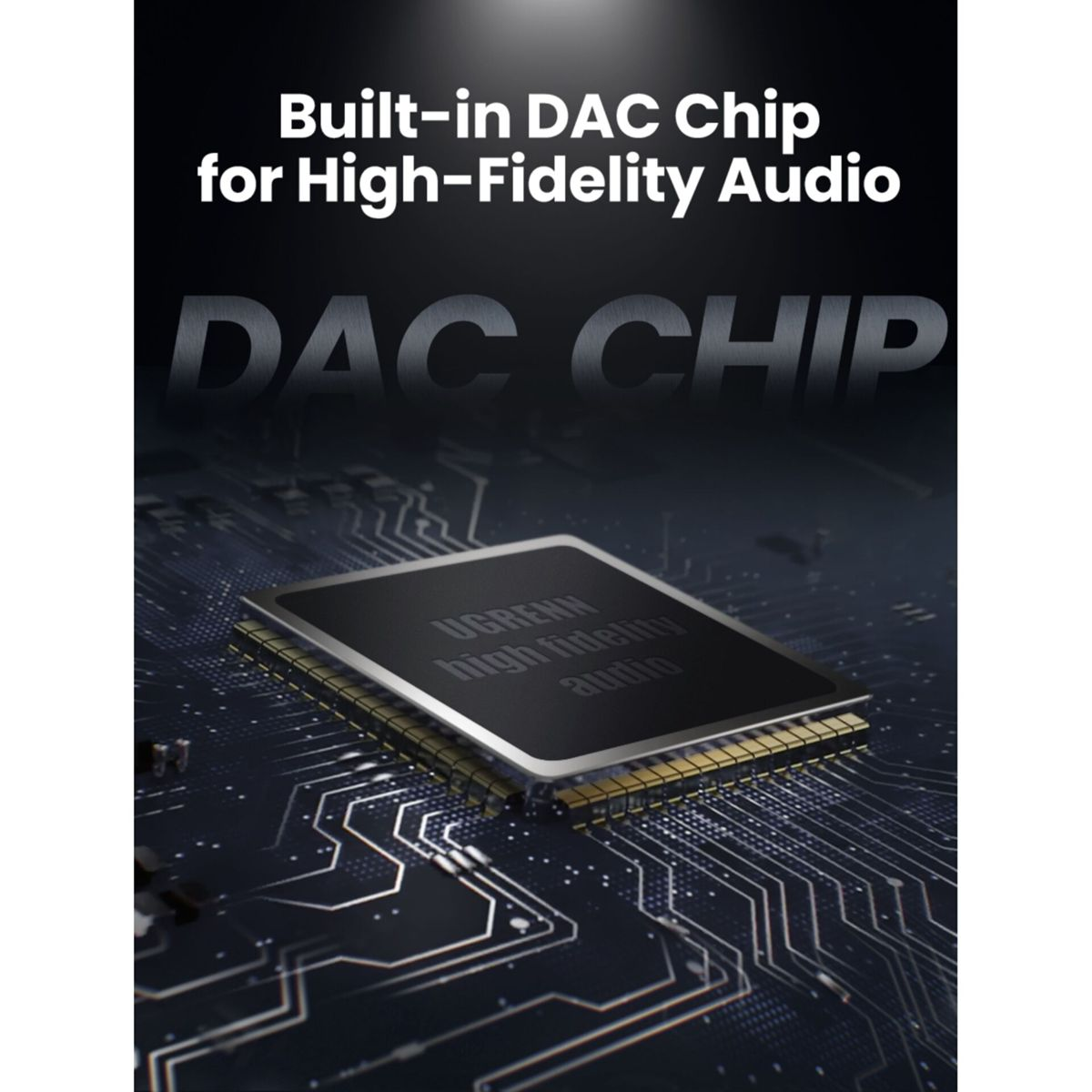 Zbliżenie czarnego, prostokątnego układu DAC z tekstem. Znajduje się na ciemnej płytce drukowanej.