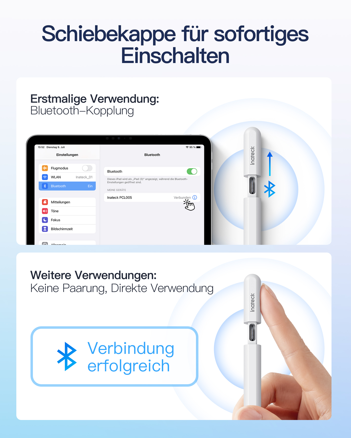 Diagramm, das ein Tablet zeigt, das sich über Bluetooth mit einem Stift verbindet. Text auf Deutsch vorhanden.