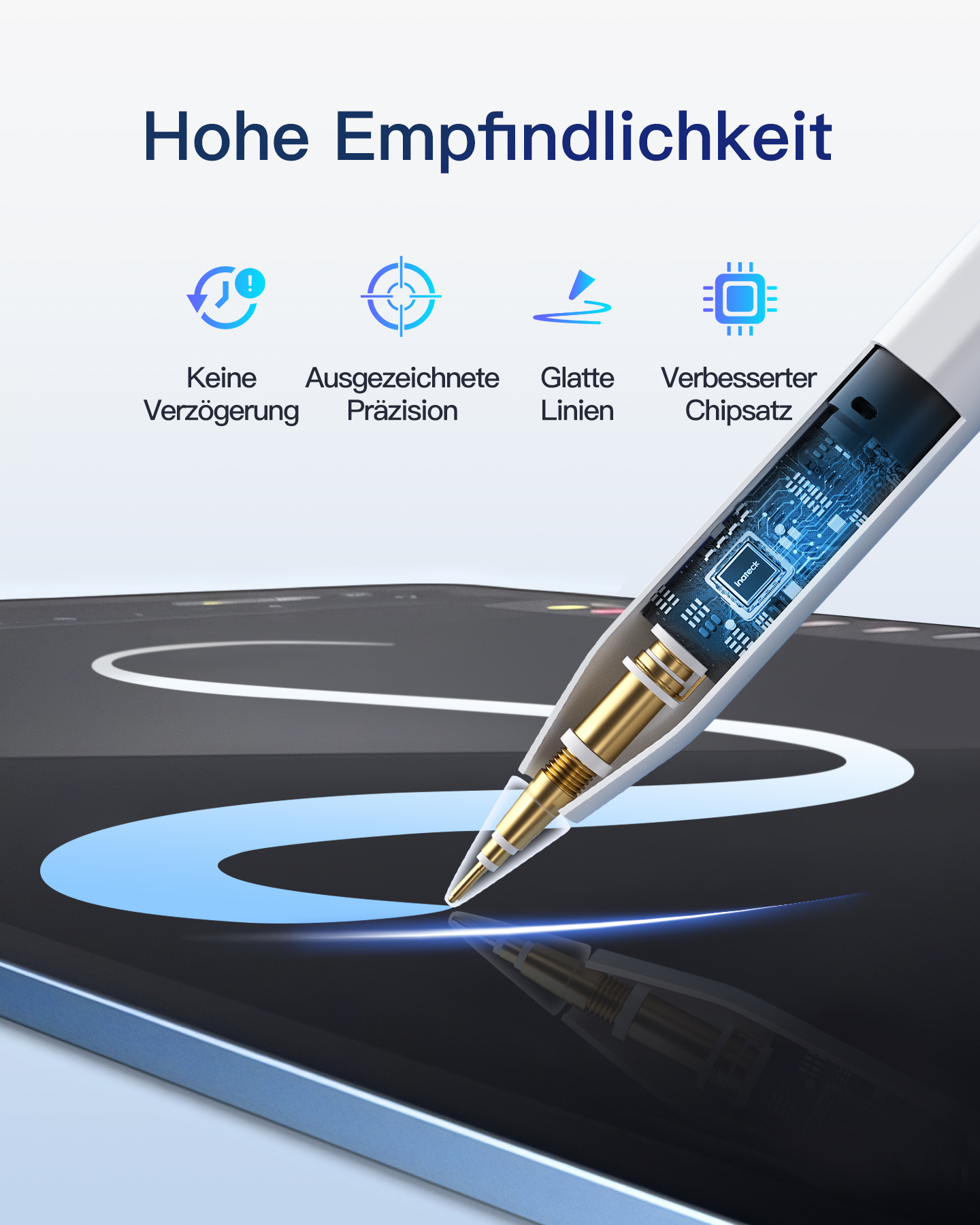 Stift mit Innenleben und Icons. Hintergrund ist ein digitales Tablet.