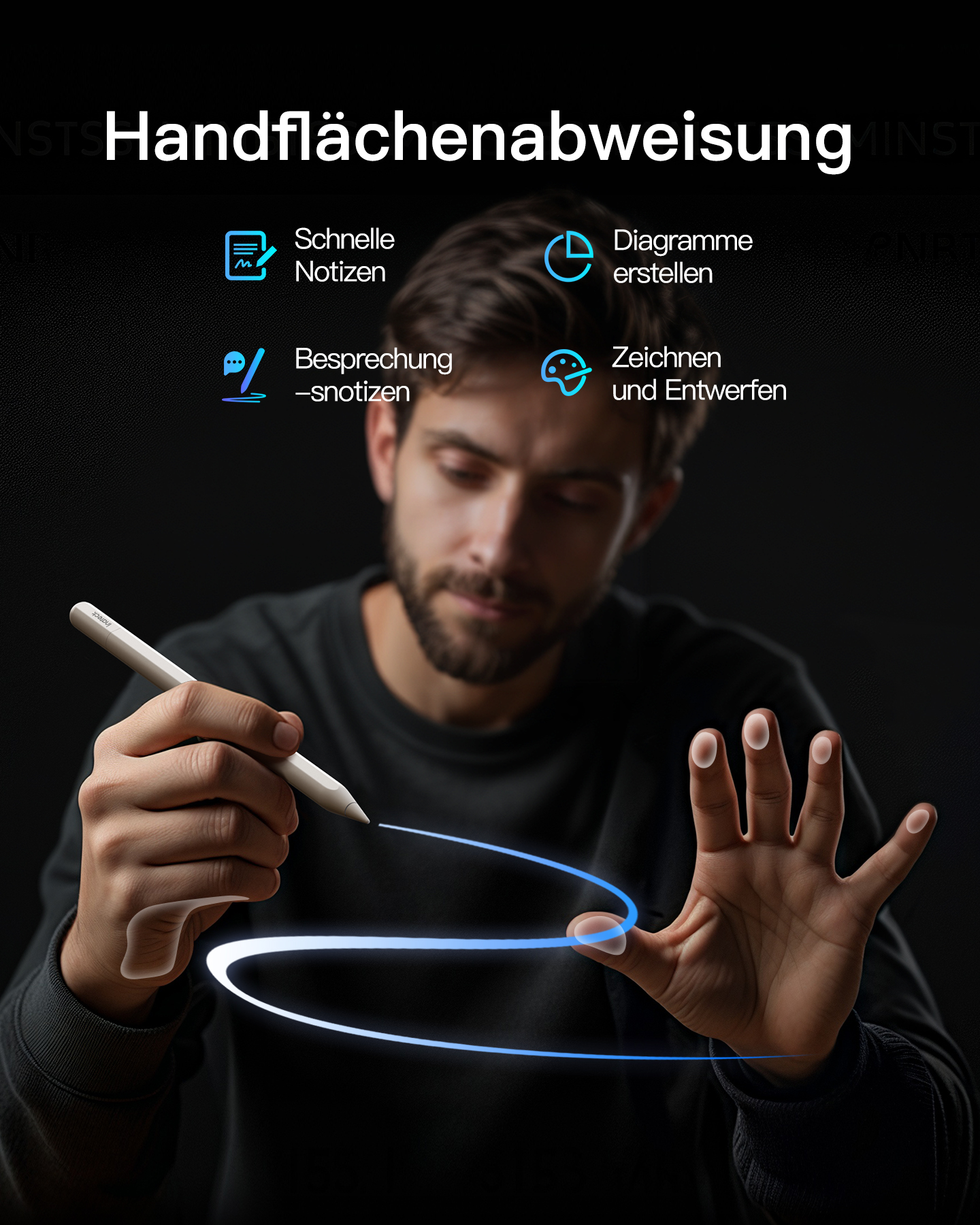 Ein Mann benutzt einen Stift auf einem Bildschirm, mit Symbolen für Notizen, Diagramme und Design. Blauer Lichteffekt.
