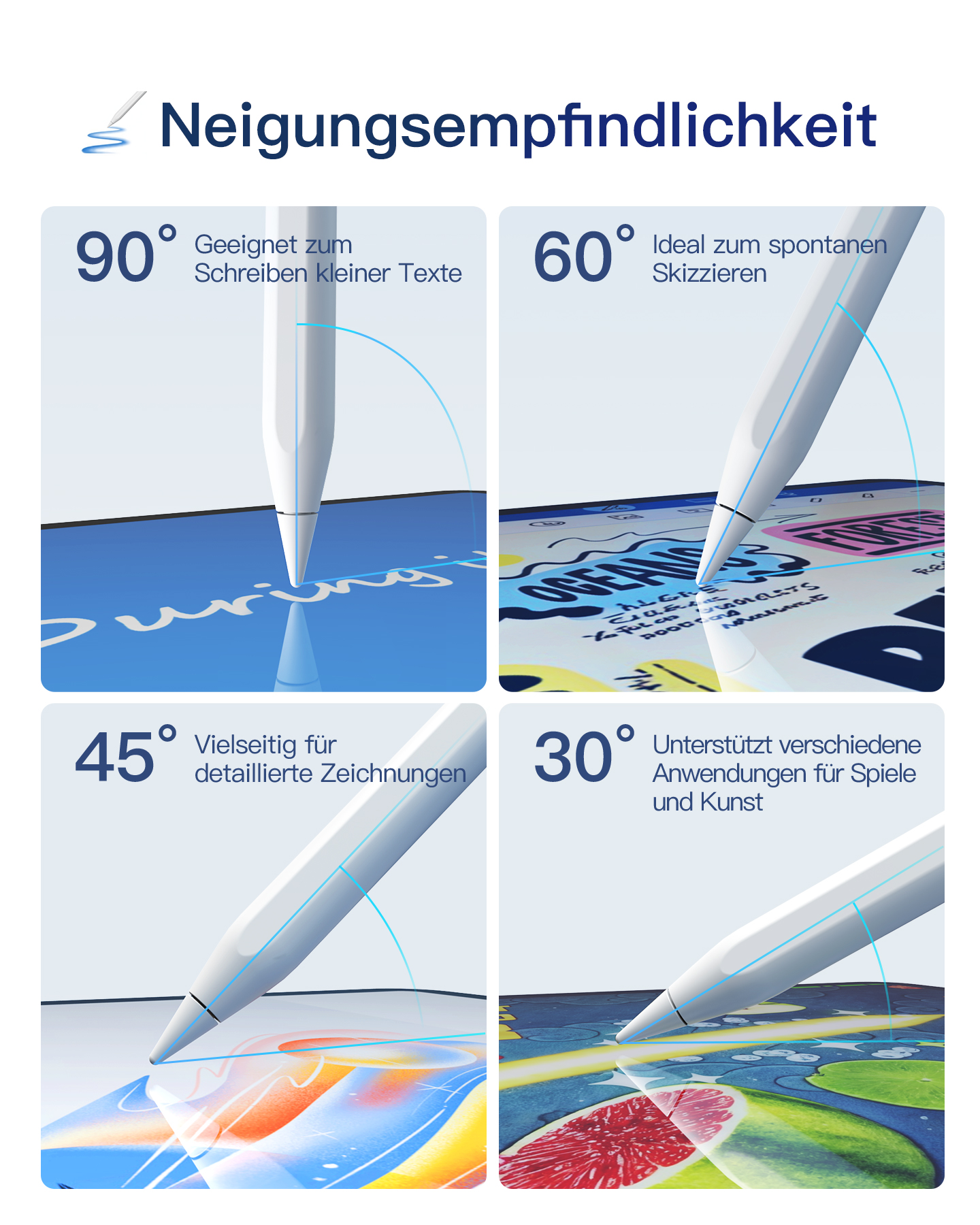 Vier Diagramme, die den Winkel eines Stifts auf einem Tablet zeigen. Mit deutschem Text und farbigen Zeichnungen.