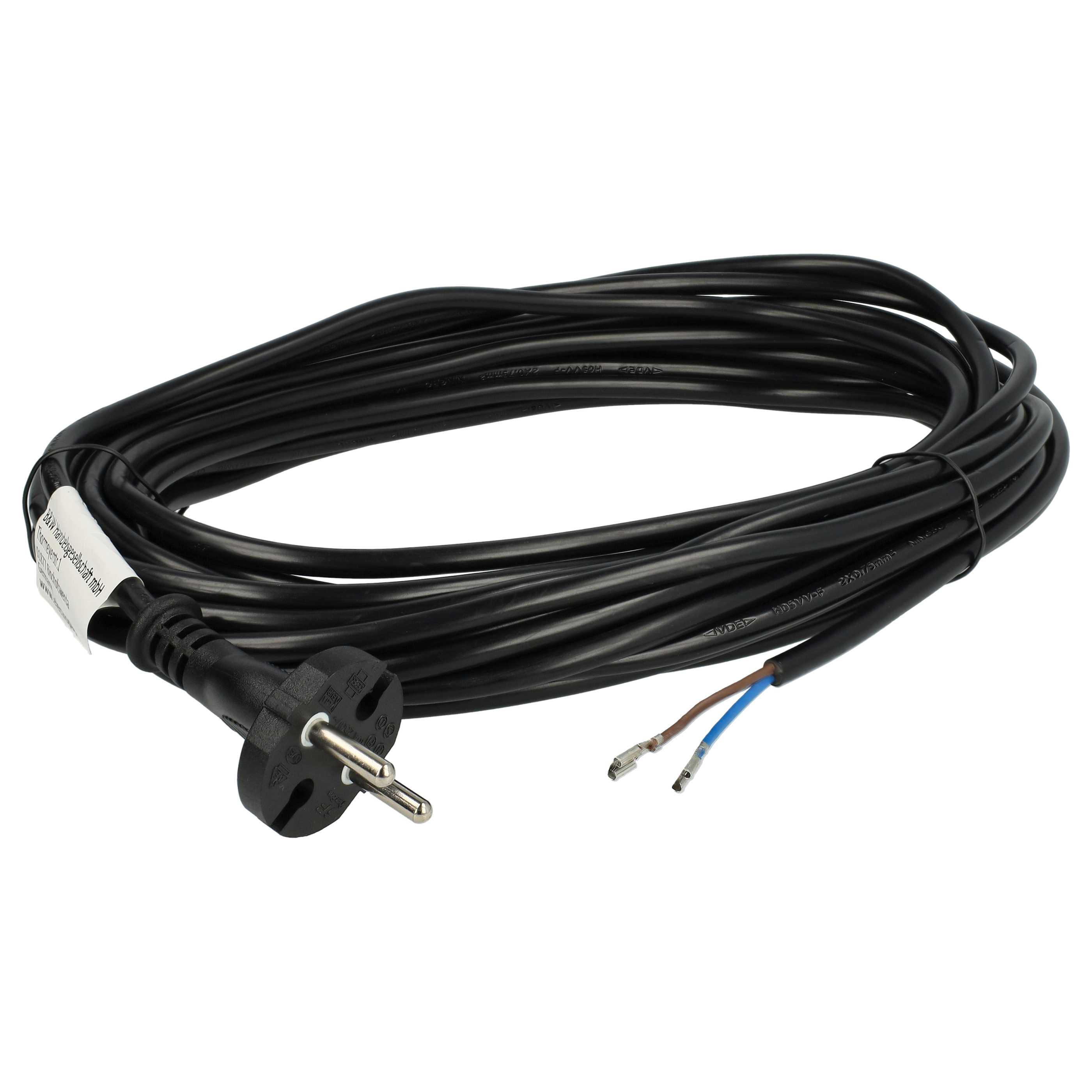 Schwarzes Netzkabel mit Stecker und zwei getrennten Drähten.
