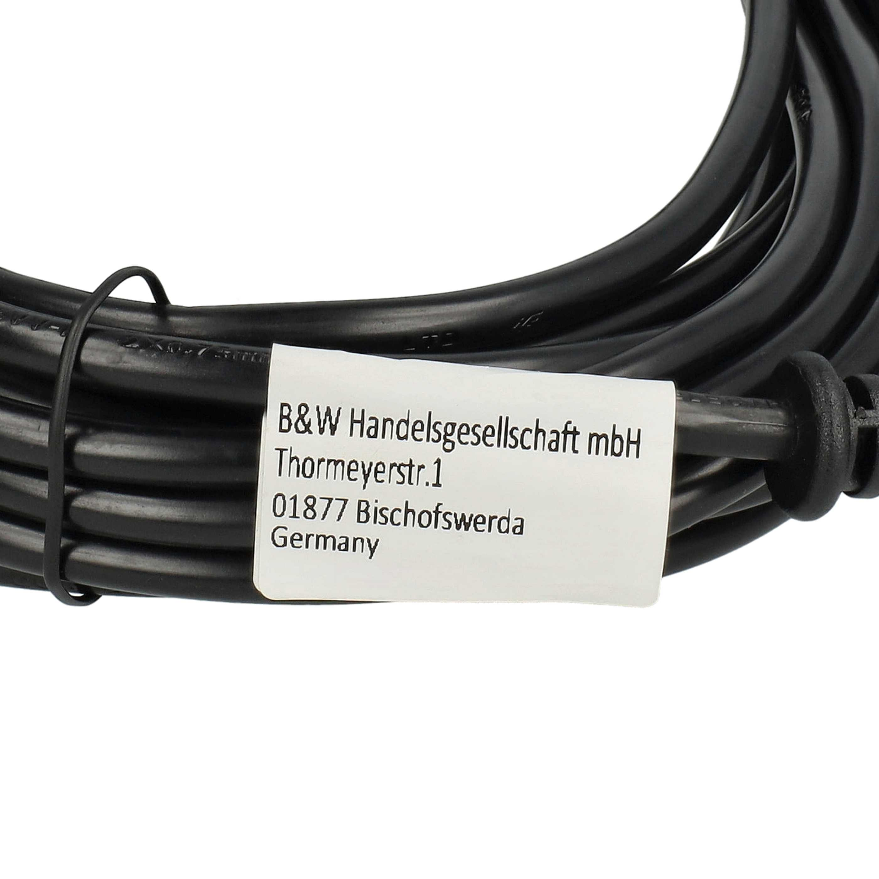 Ein schwarzes Kabel mit einem weißen Etikett mit den Firmendetails und der Adresse in Deutschland.