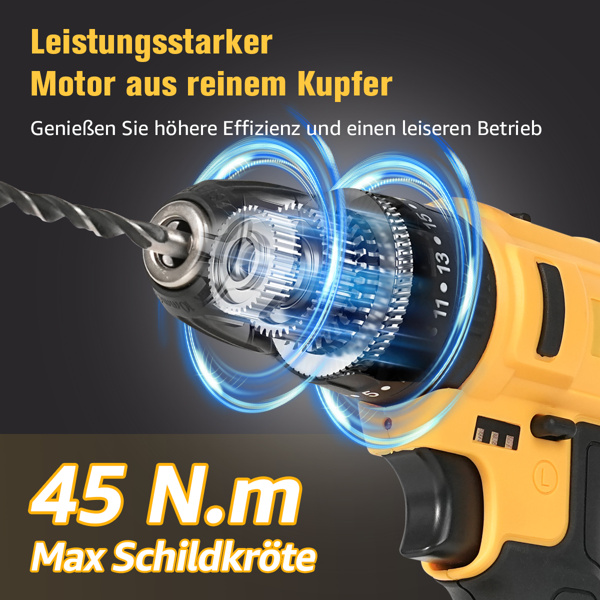 Gelb-schwarzer Akku-Bohrer mit Text über Motor und Leistung.