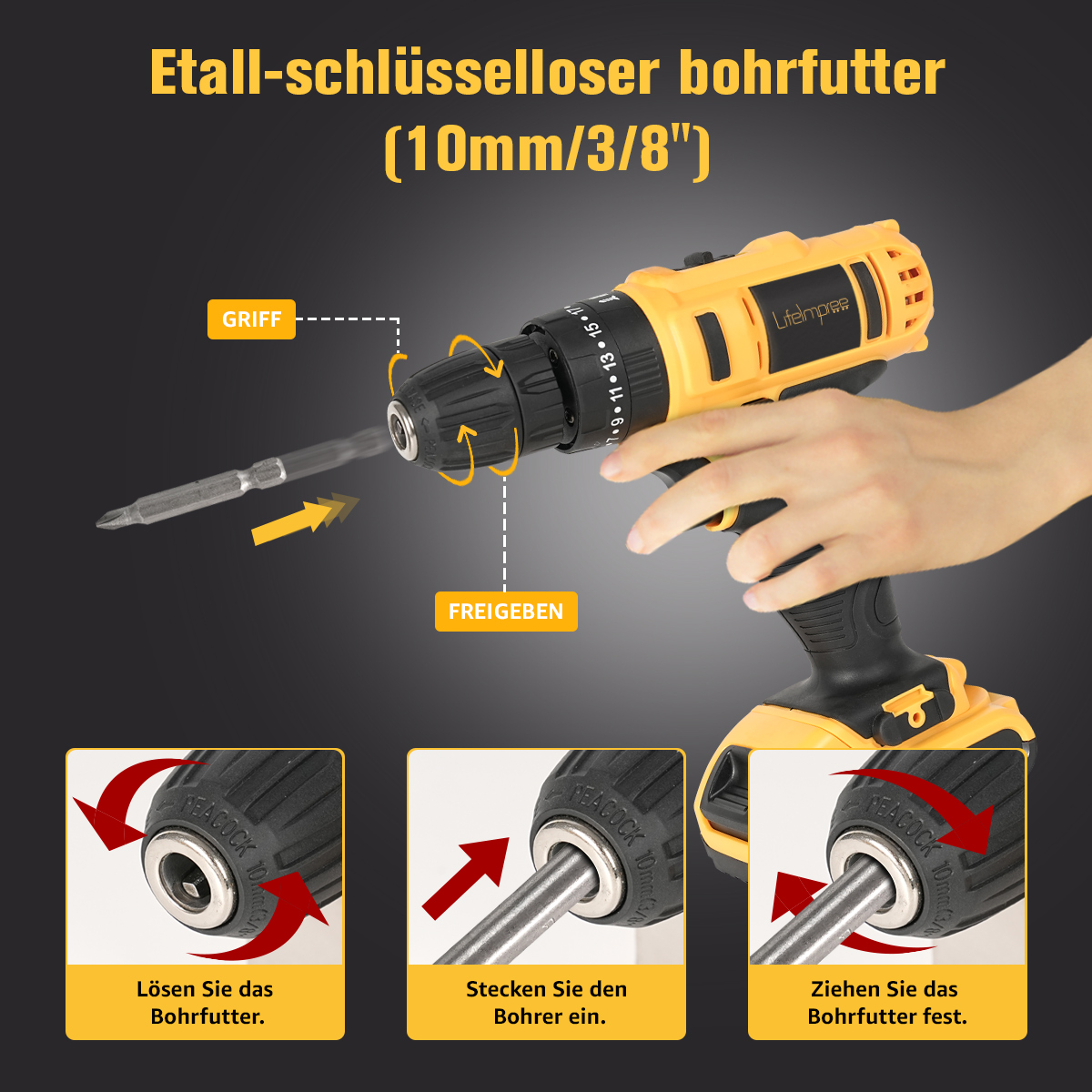 Gelber Bohrer mit Anweisungen zur Verwendung. Der Hintergrund ist schwarz.