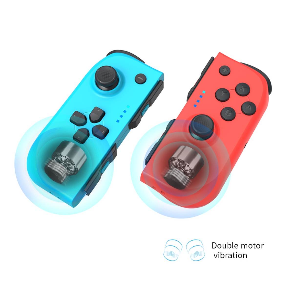 Dos mandos de juego: azul y rojo, con iconos de vibración y partes de motor plateadas visibles.