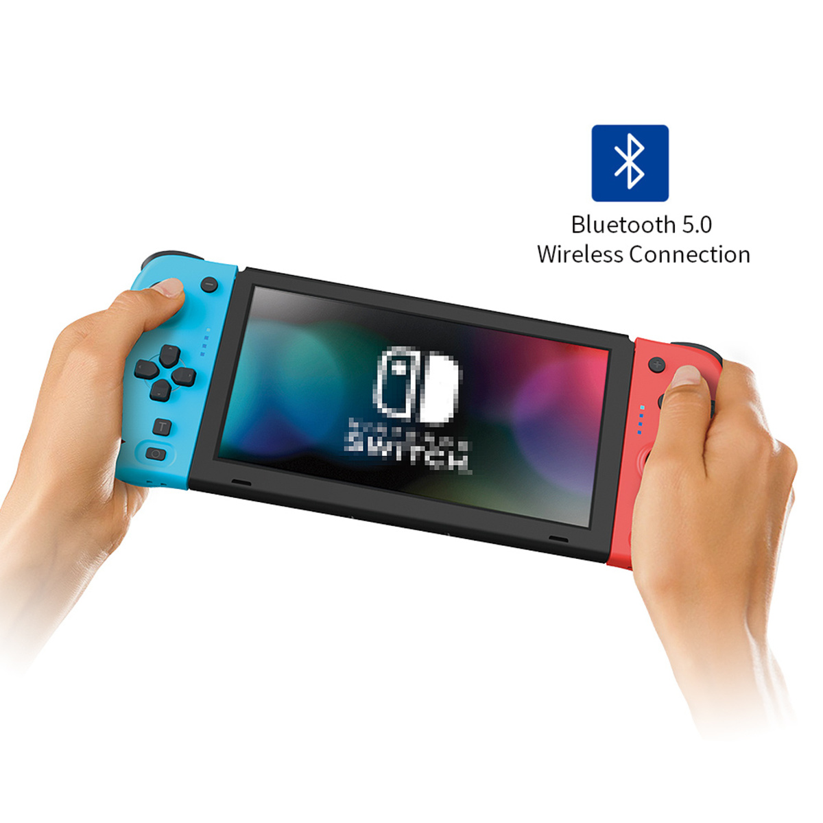 Manos sosteniendo una consola Switch. Controles azules y rojos. Fondo blanco.