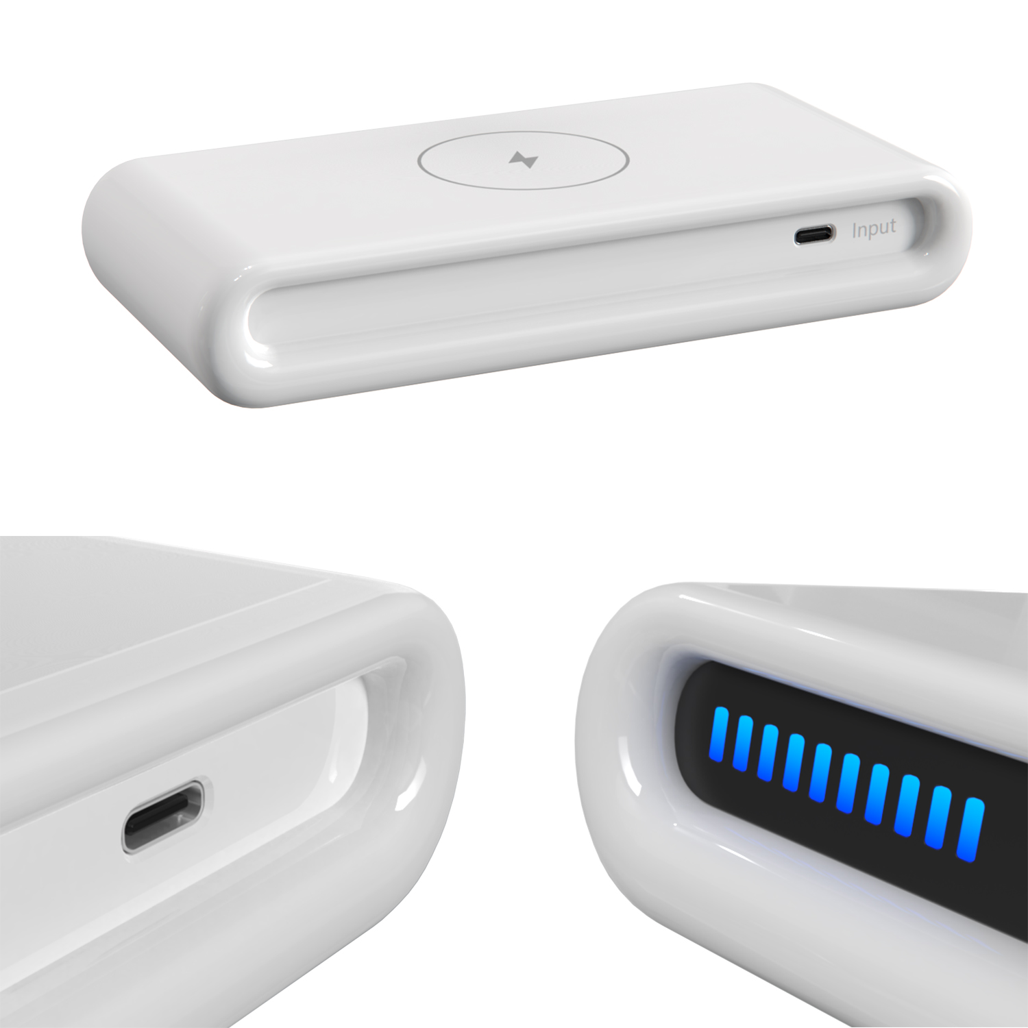 Caricabatterie wireless bianco. Ingresso USB. Luci blu indicano lo stato di carica.