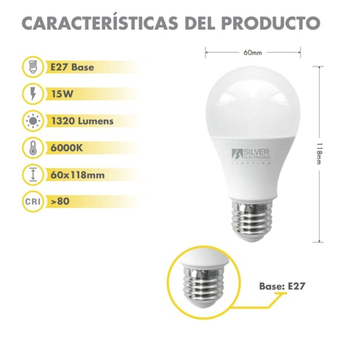 Una bombilla LED blanca con dimensiones y especificaciones técnicas en el lateral.