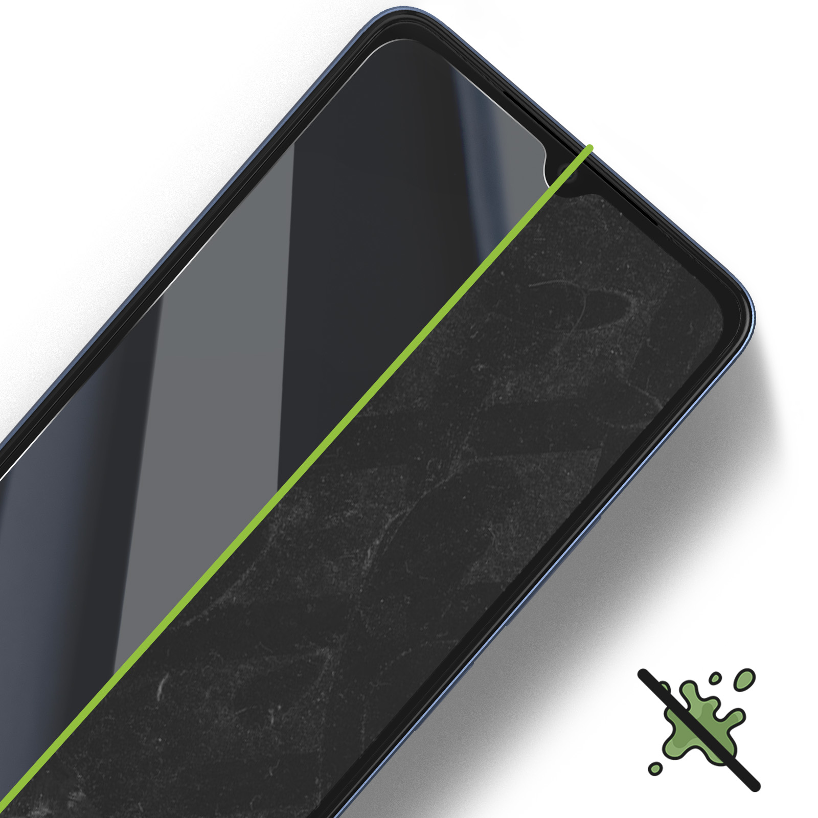 Uno schermo di smartphone con una linea verde che mostra le aree protette e non protette, senza icona di germe.