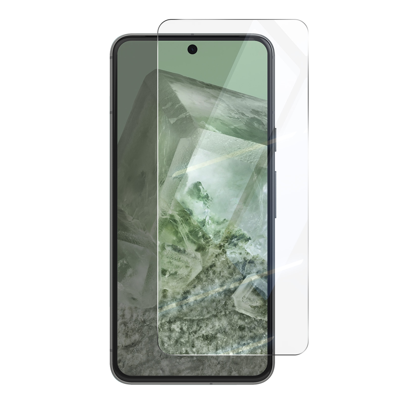 Uno smartphone con protezione schermo. Il telefono è nero con display verde e protezione schermo trasparente.
