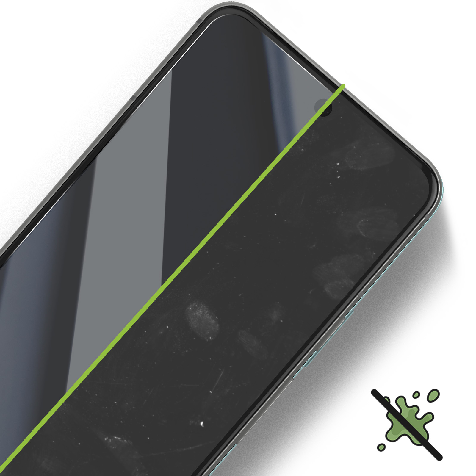 Schermo dello smartphone con una linea verde e un'icona anti-schizzi.