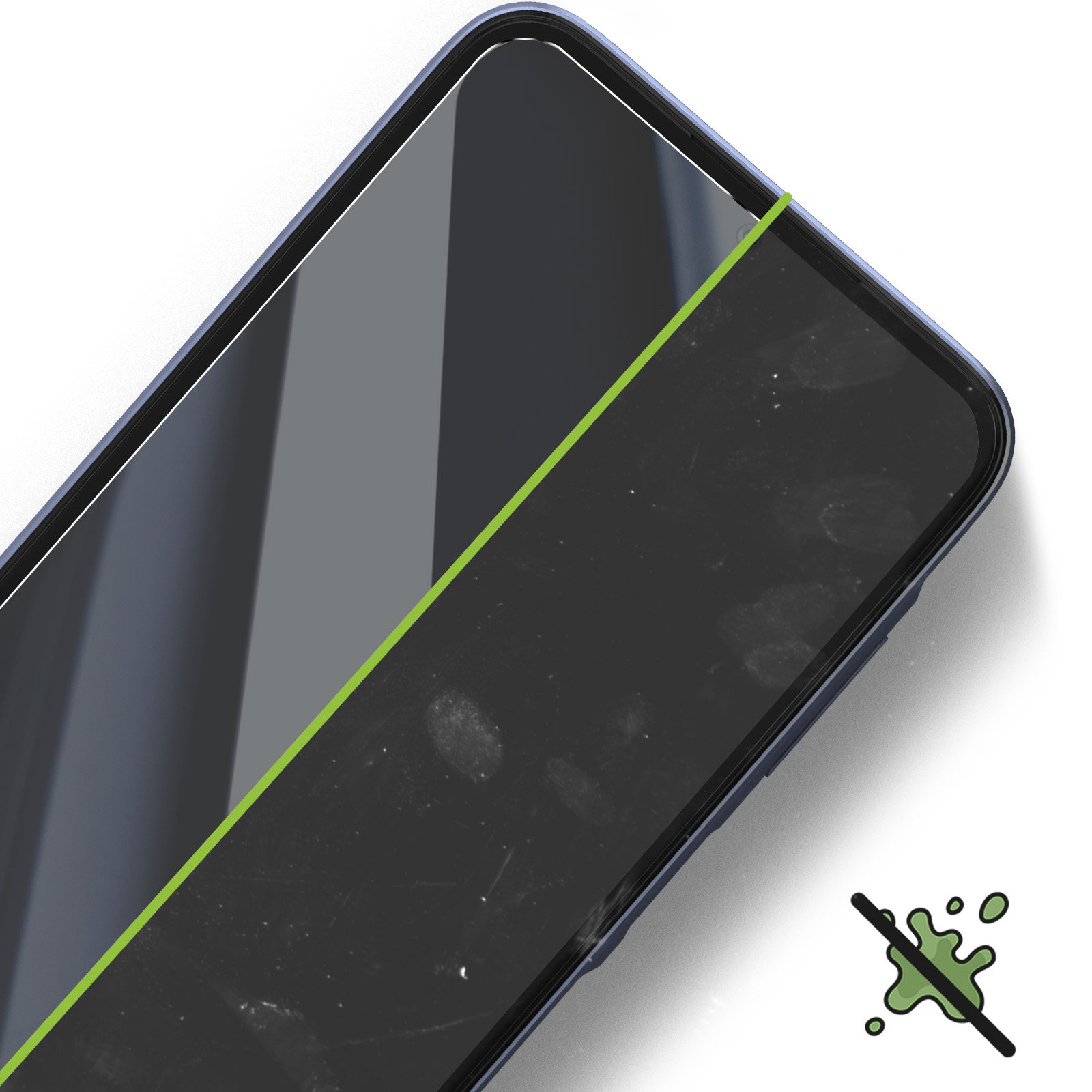 Uno schermo del telefono con una protezione applicata. Lo schermo è sporco, la protezione pulita.