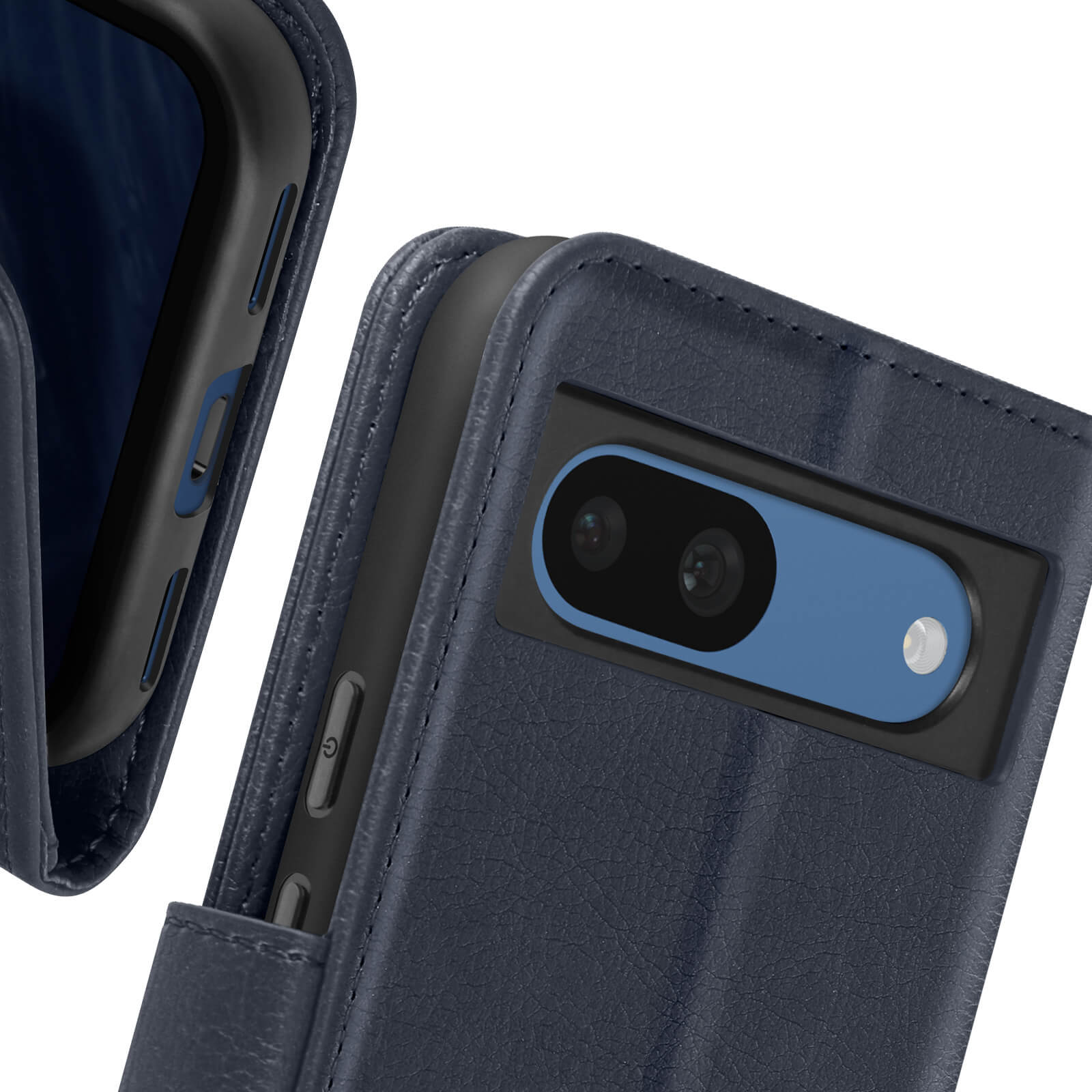 Blaue Handyhülle mit Telefon, Kameraobjektiv und Einschaltknopf.