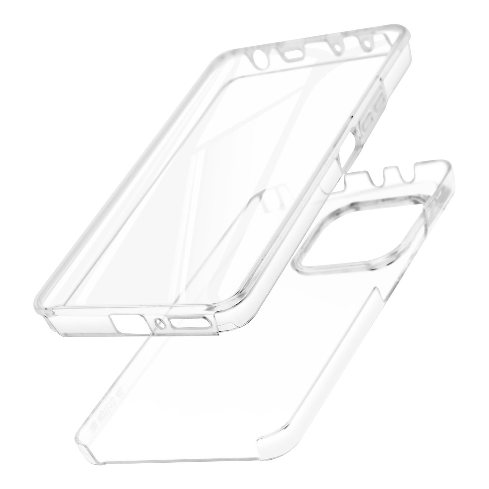 Custodia trasparente per telefono, due pezzi separati, con fori per fotocamera.