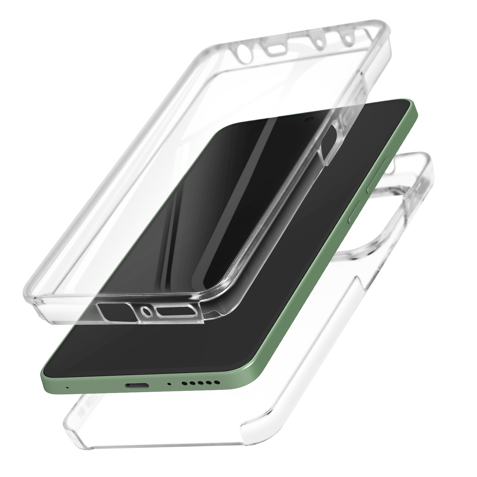 Una custodia per telefono con il telefono all'interno. Due strati trasparenti racchiudono un telefono verde.