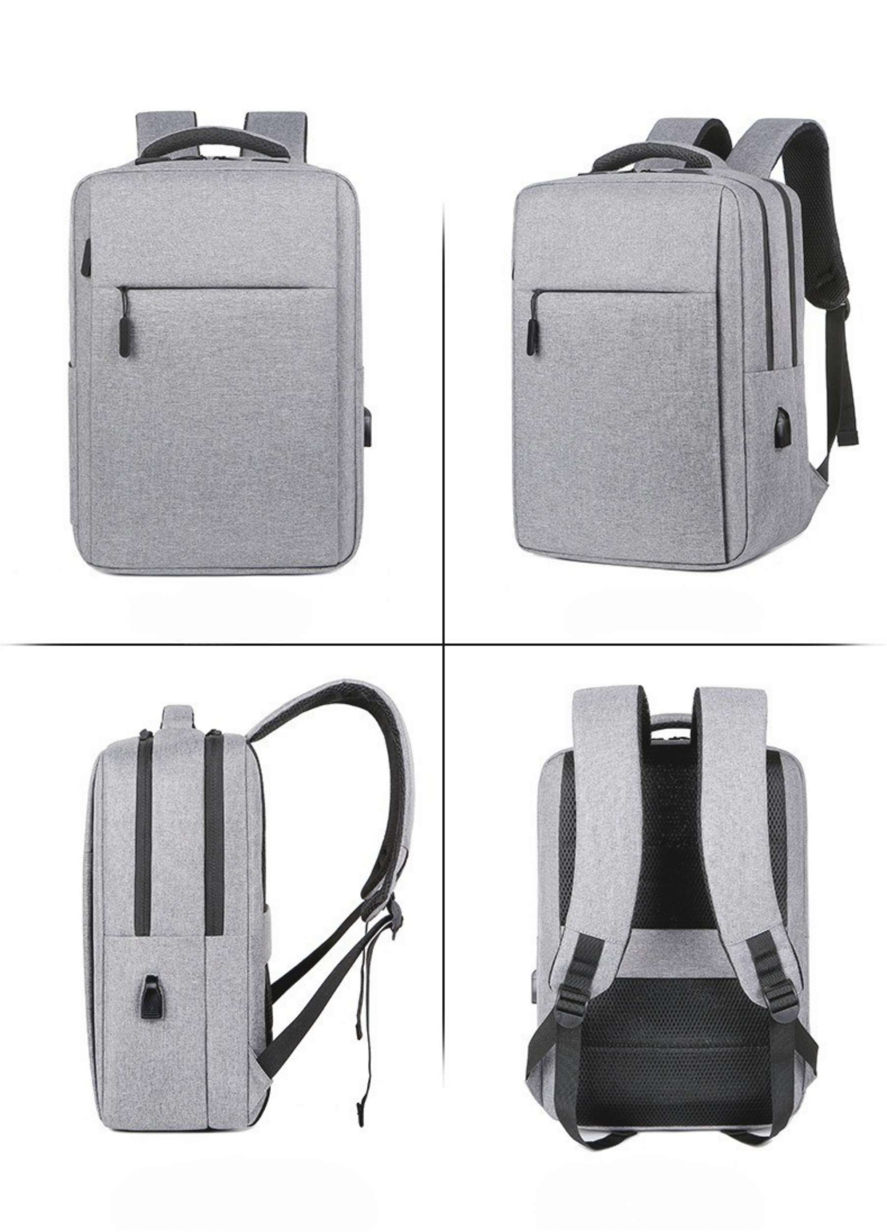 Vier Ansichten eines grauen Laptop-Rucksacks, die Vorder-, Seiten-, Rück- und Draufsicht zeigen.