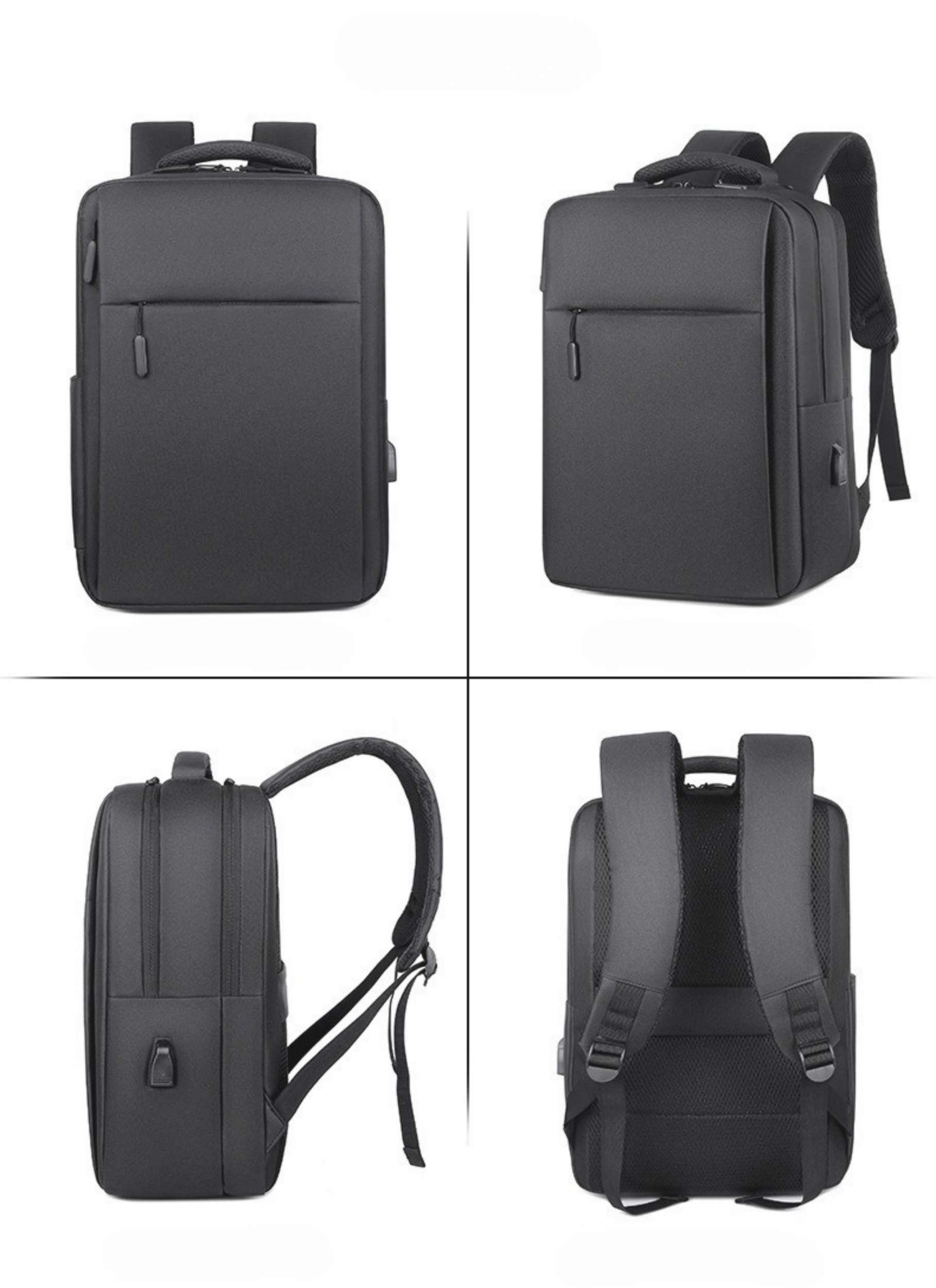 Vier Ansichten eines schwarzen Rucksacks. Er hat einen USB-Anschluss und mehrere Fächer.