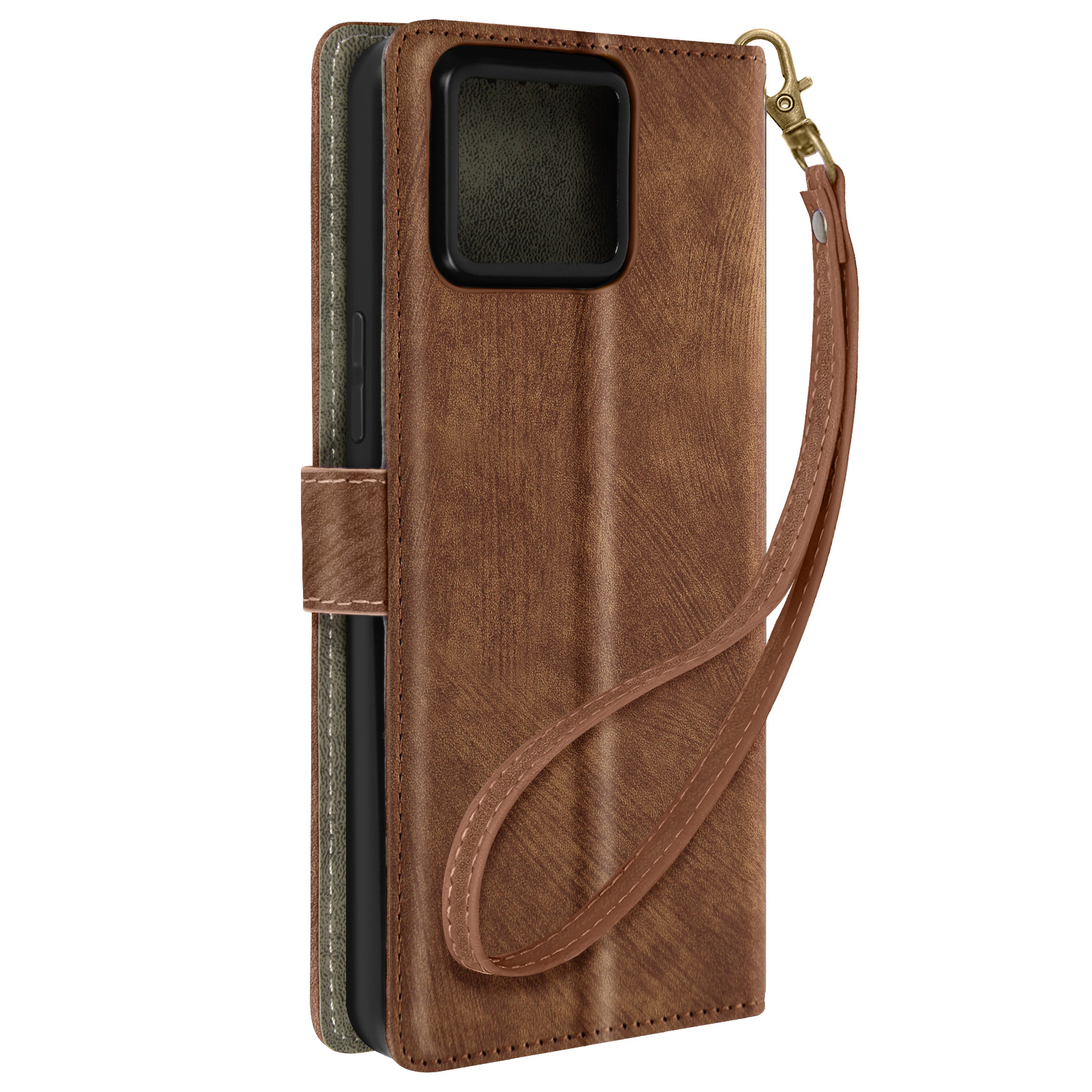 Eine braune Leder-Handyhülle mit Riemen und einem Telefon darin.