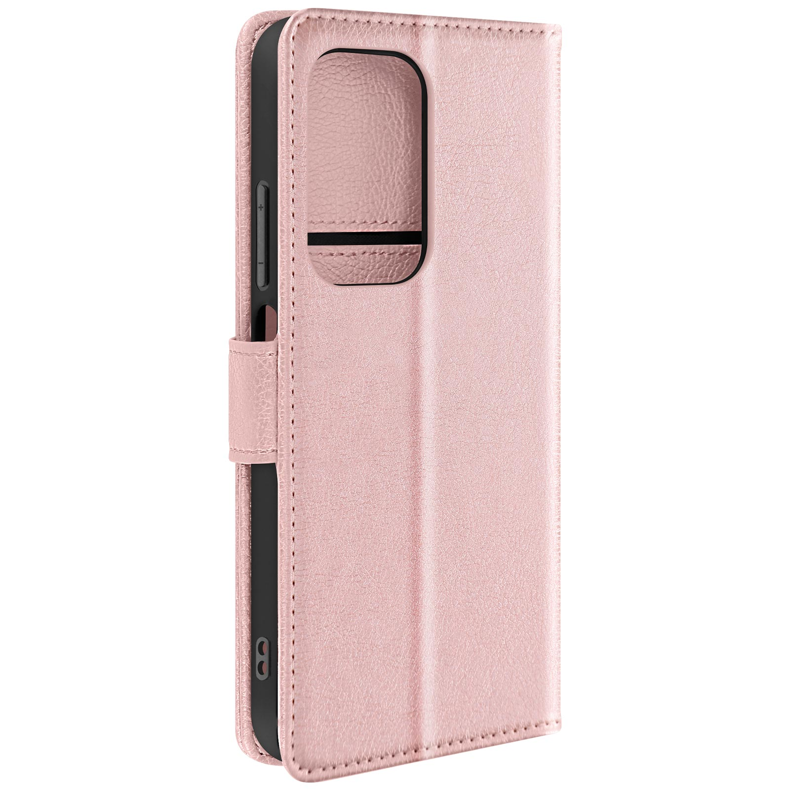 Custodia per telefono in pelle rosa, aperta, con interno nero.