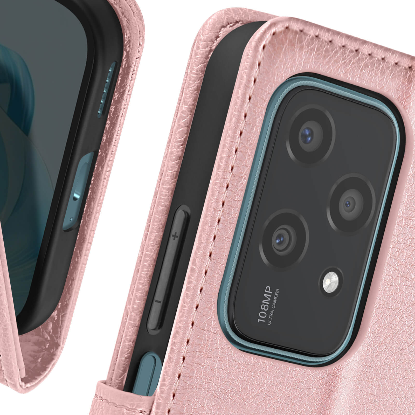 Primo piano di una custodia rosa per telefono con modulo fotocamera e telefono all'interno.