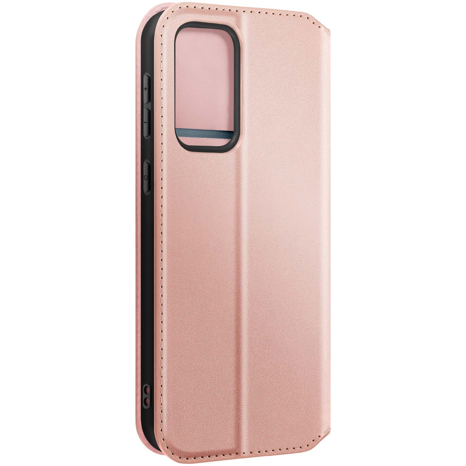 Una custodia per telefono rosa è chiusa. La custodia ha un ritaglio rettangolare per la fotocamera.