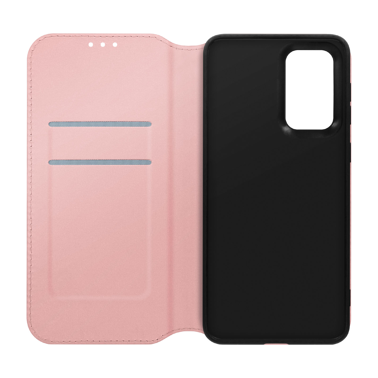 Custodia rosa per telefono, aperta, interno nero, con due fessure.