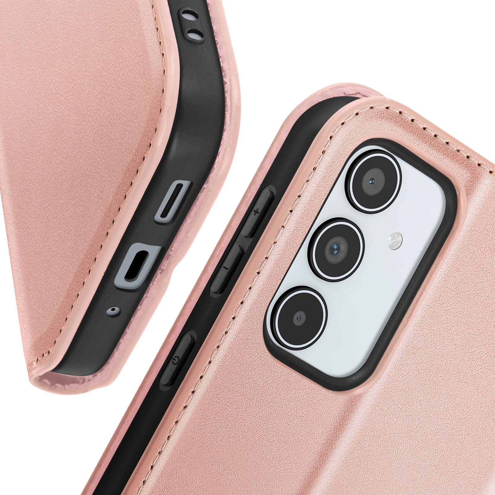 Una custodia rosa per telefono, che mostra l'area della fotocamera e i pulsanti laterali.