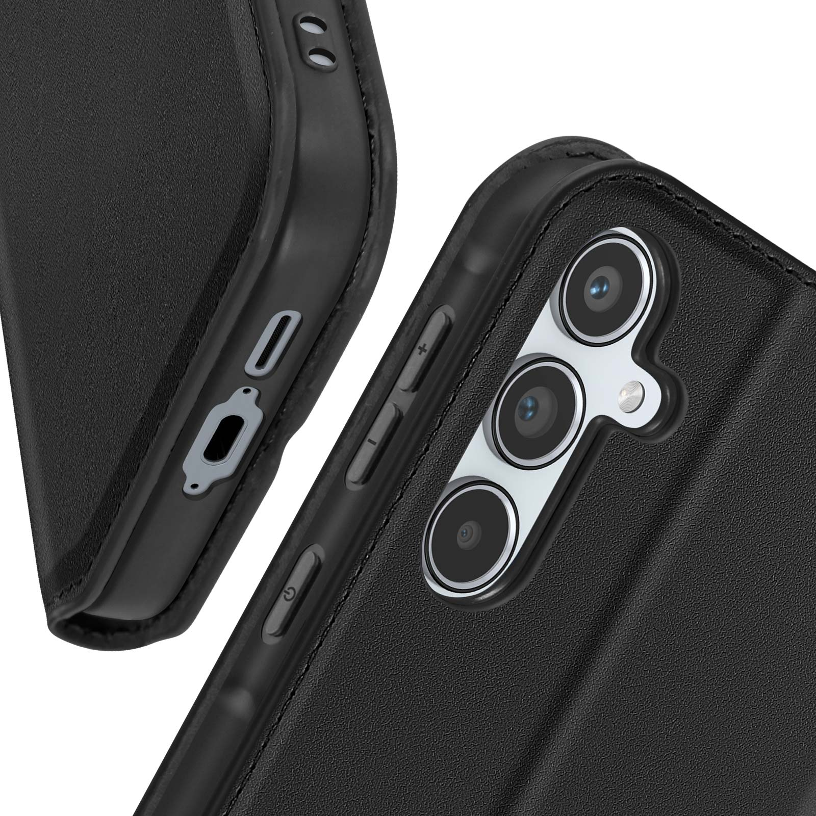 Telefono nero che mostra dettagli di fotocamere, pulsanti e porte. Primo piano. Sfondo nero.