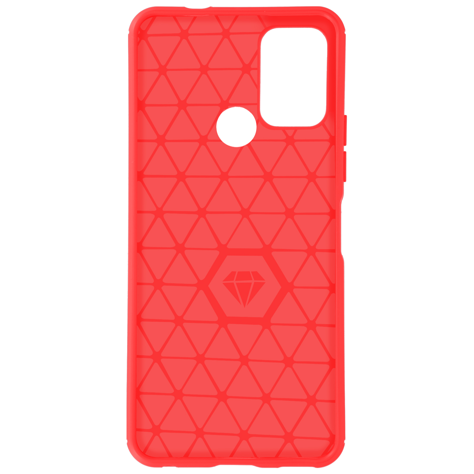 Custodia per telefono rossa a fantasia con ritaglio per fotocamera e logo a diamante centrale.
