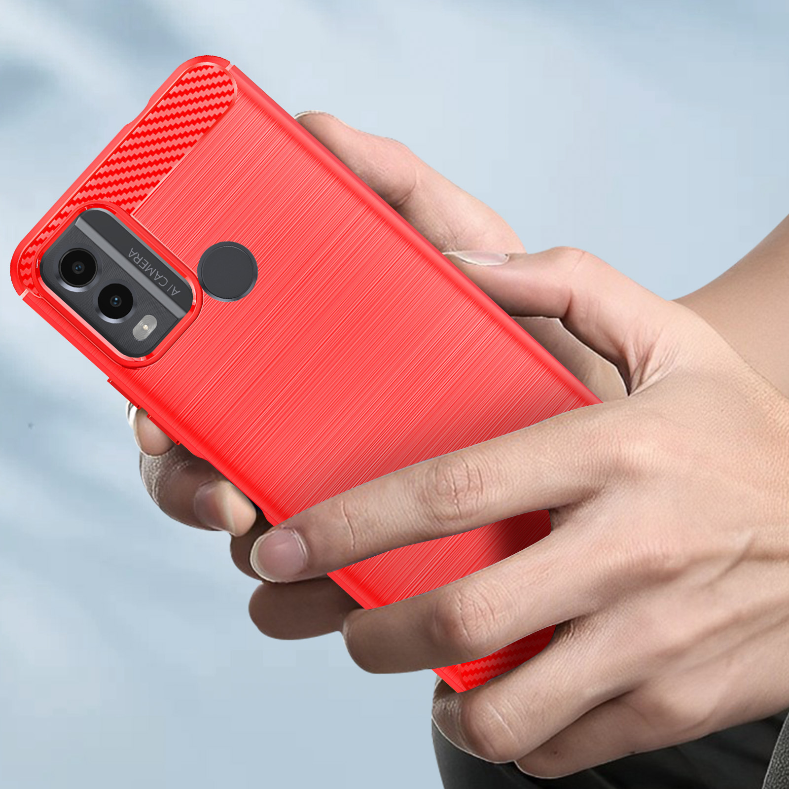 Custodia rossa per telefono con retro strutturato e doppie fotocamere visibili.