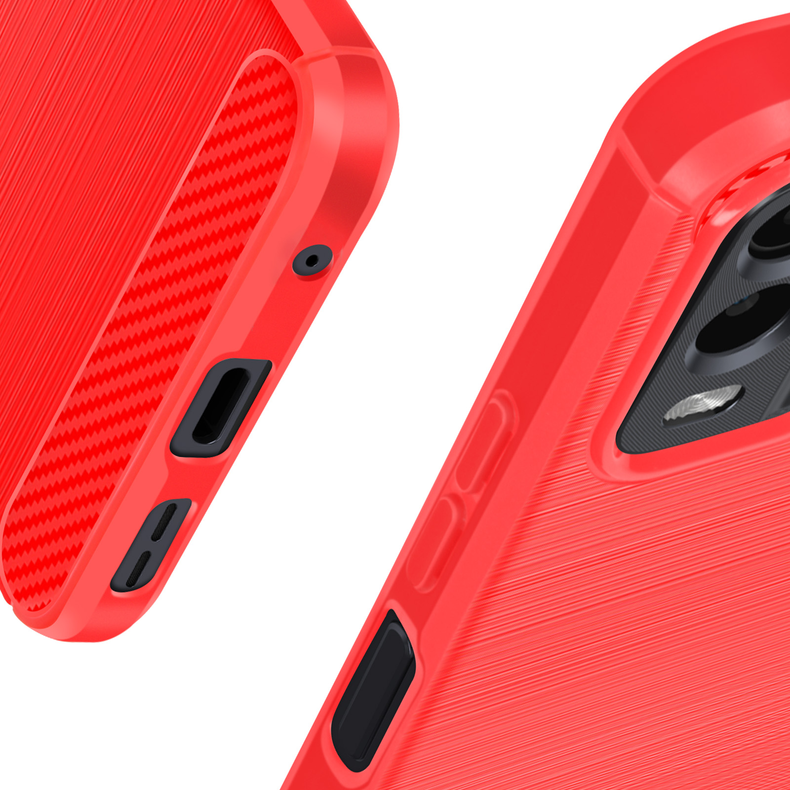 Primo piano di una custodia rossa per telefono. Ha una superficie strutturata con motivo in fibra di carbonio.