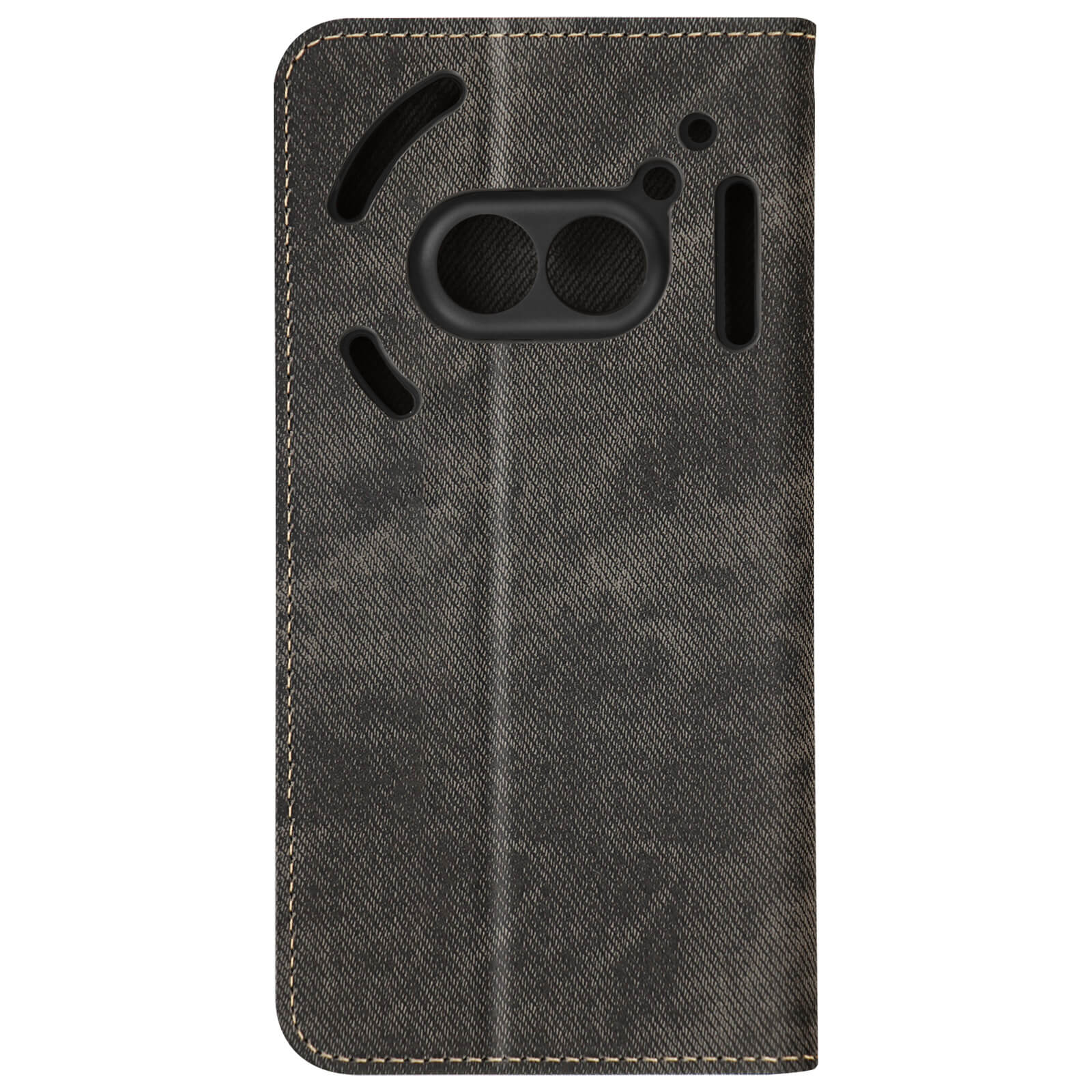 Una custodia per telefono con trama denim, chiusa, con fori per la fotocamera.