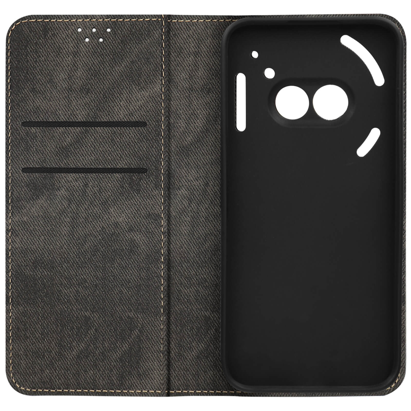 Custodia per telefono in denim aperta con fessure per carte e supporto per telefono nero, su bianco.