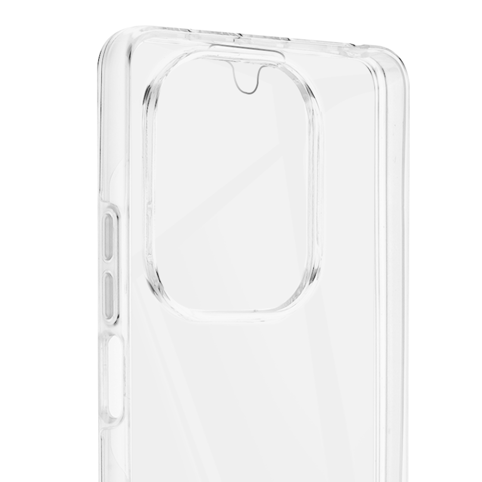 Custodia trasparente per telefono con ritaglio per la fotocamera. La custodia è in materiale trasparente. Sfondo bianco.